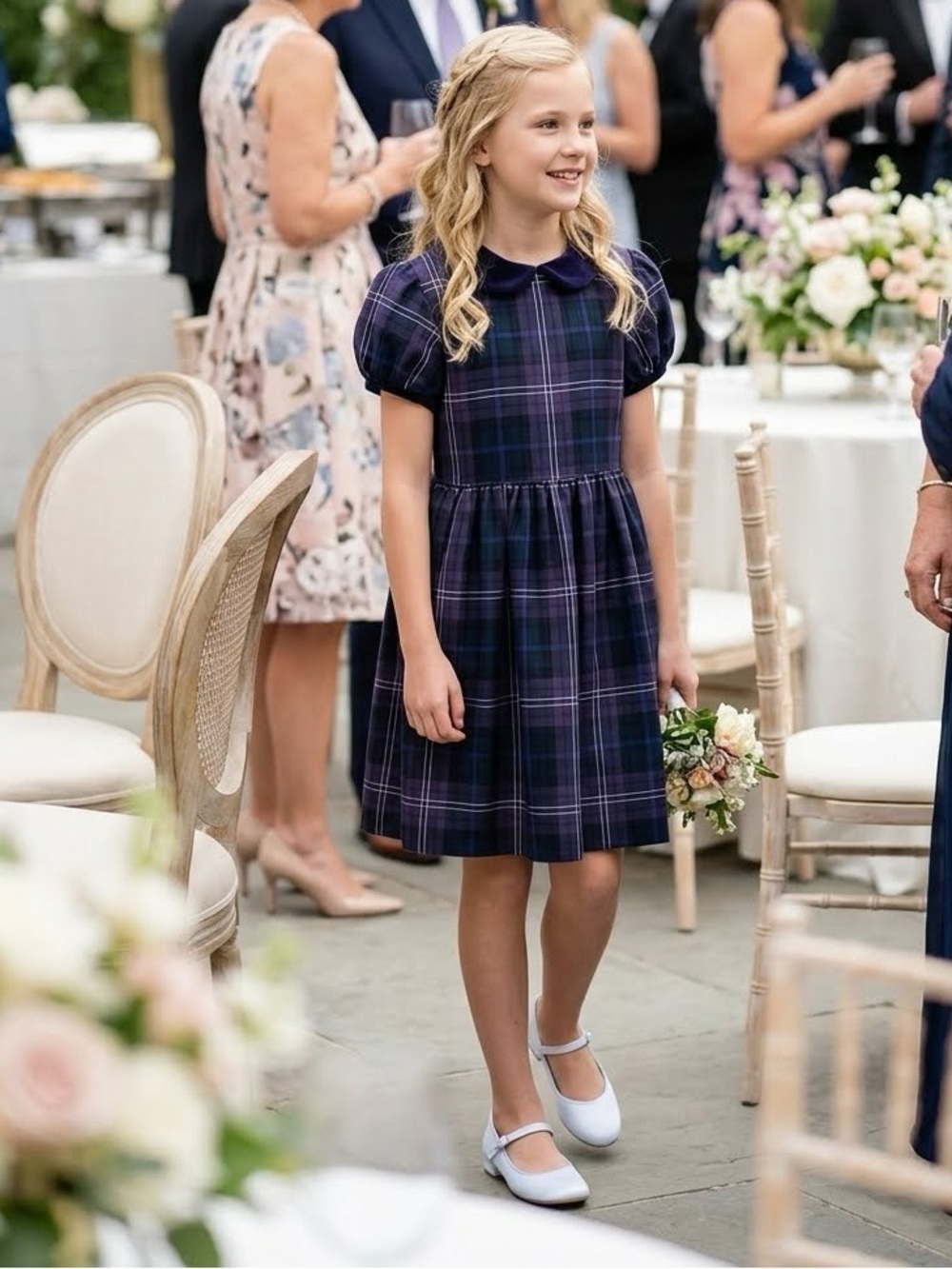 Papo d'Anjo Navy and Purple Plaid Dress 8 wool